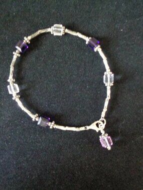 BRACELET Purple & Clear SQUARE Stones & STERLING SILVER Spacers